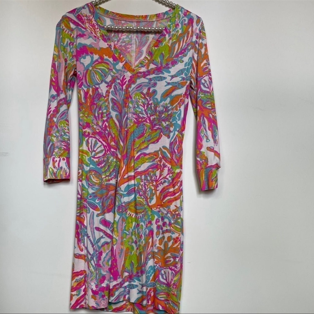 Lilly Pulitzer Xs Upf 50+ Cotton Tropical 3/4 Sleeve Mini Dress Super Soft